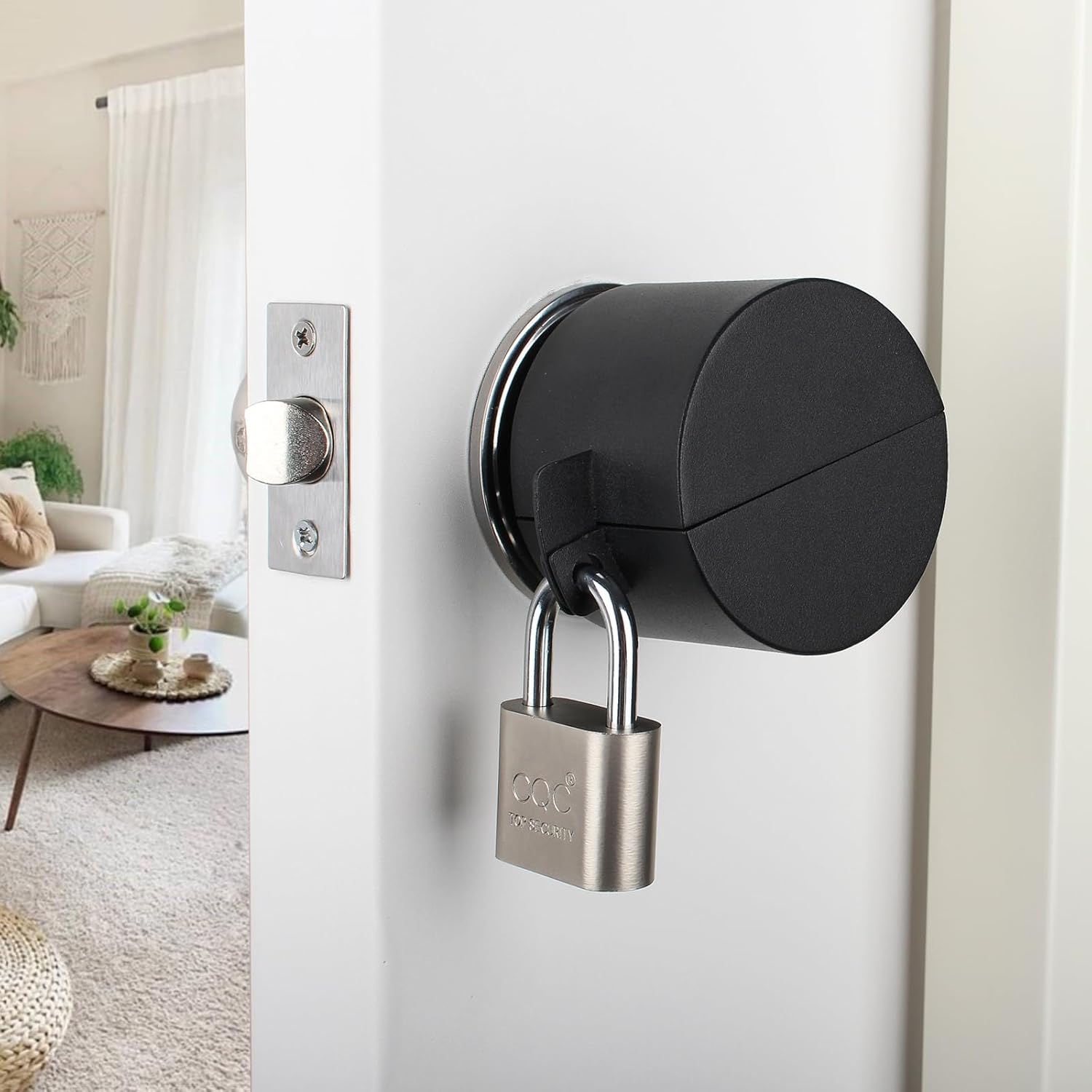 Childproof Metallic Black Door Handle Lock Out Device with Padlock - Prevents Turning and Operating of Door Knob and Access to Keyhole
