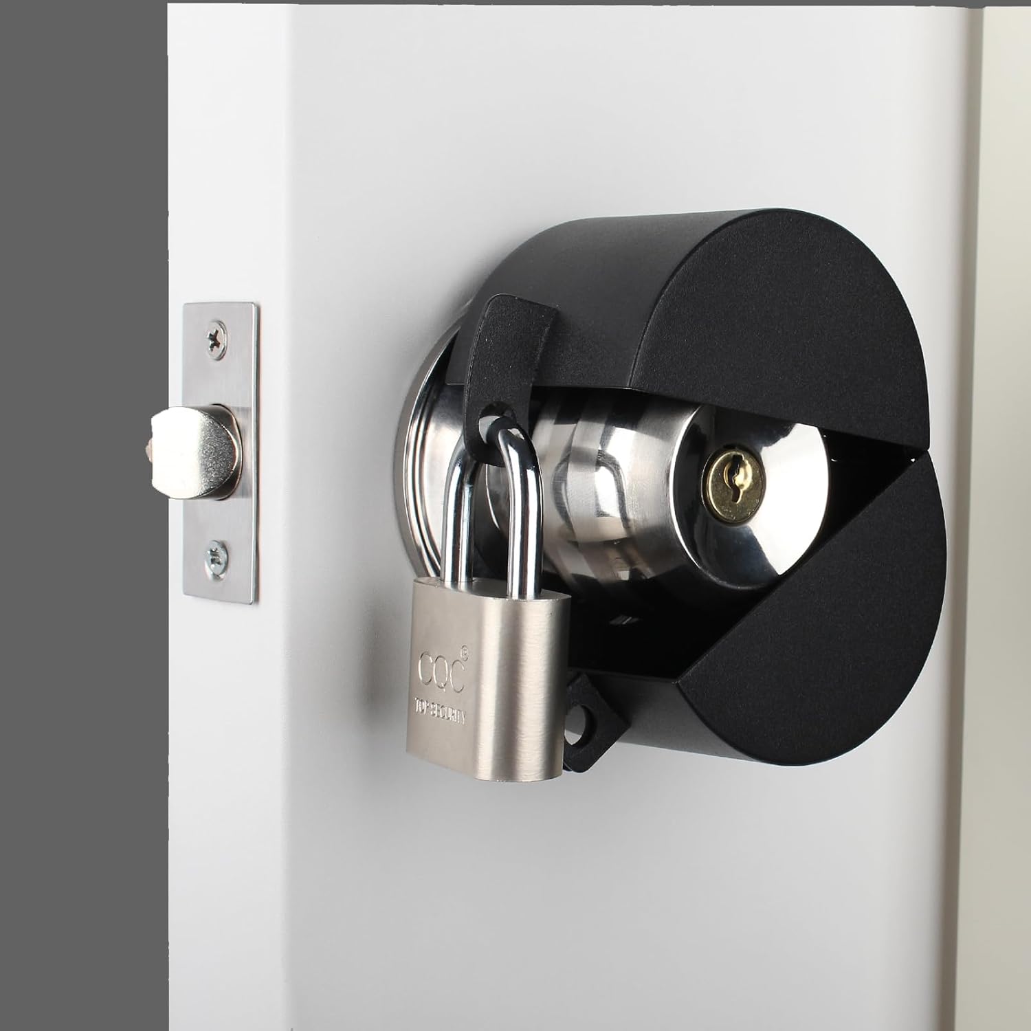 Childproof Metallic Black Door Handle Lock Out Device with Padlock - Prevents Turning and Operating of Door Knob and Access to Keyhole