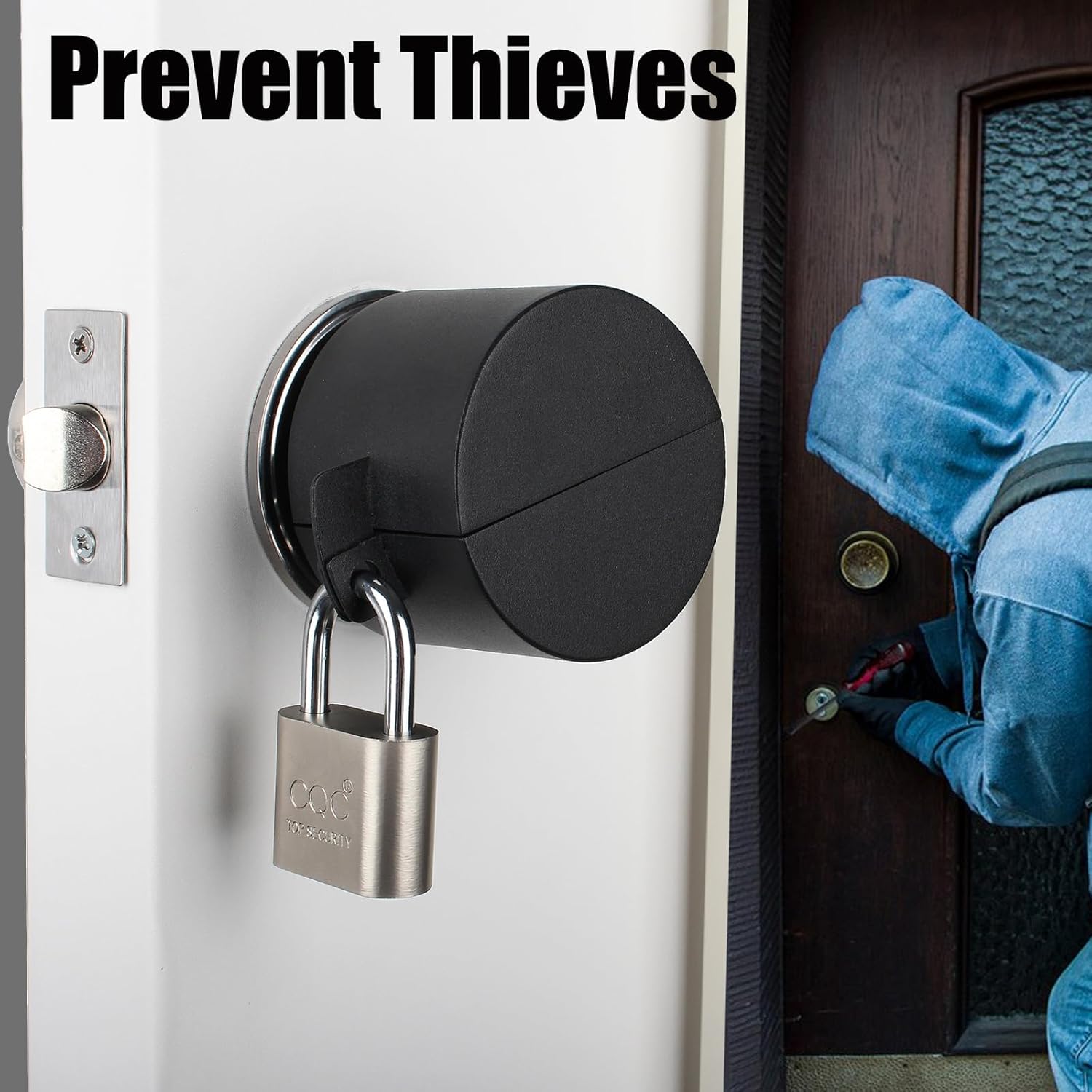 Childproof Metallic Black Door Handle Lock Out Device with Padlock - Prevents Turning and Operating of Door Knob and Access to Keyhole