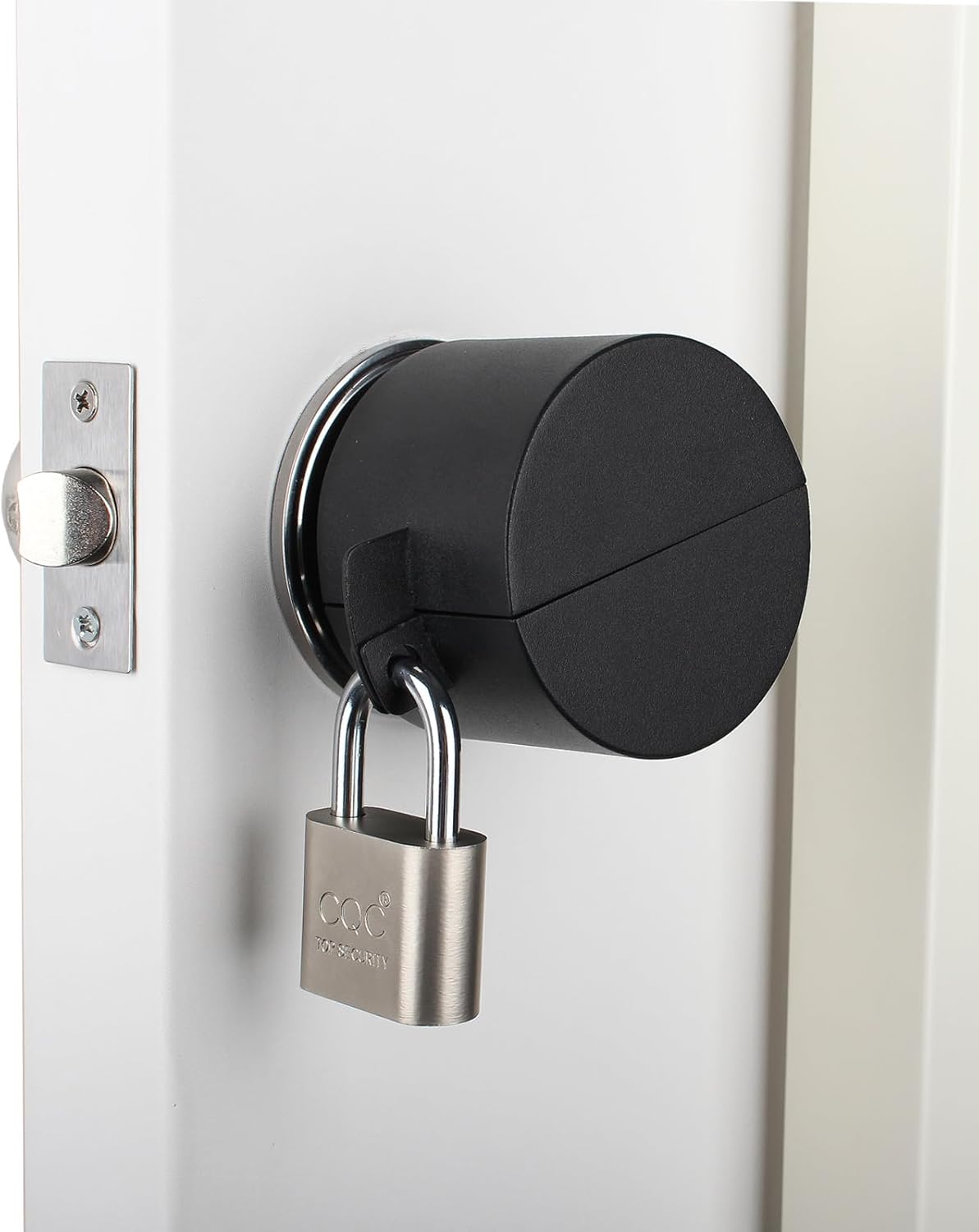 Childproof Metallic Black Door Handle Lock Out Device with Padlock - Prevents Turning and Operating of Door Knob and Access to Keyhole
