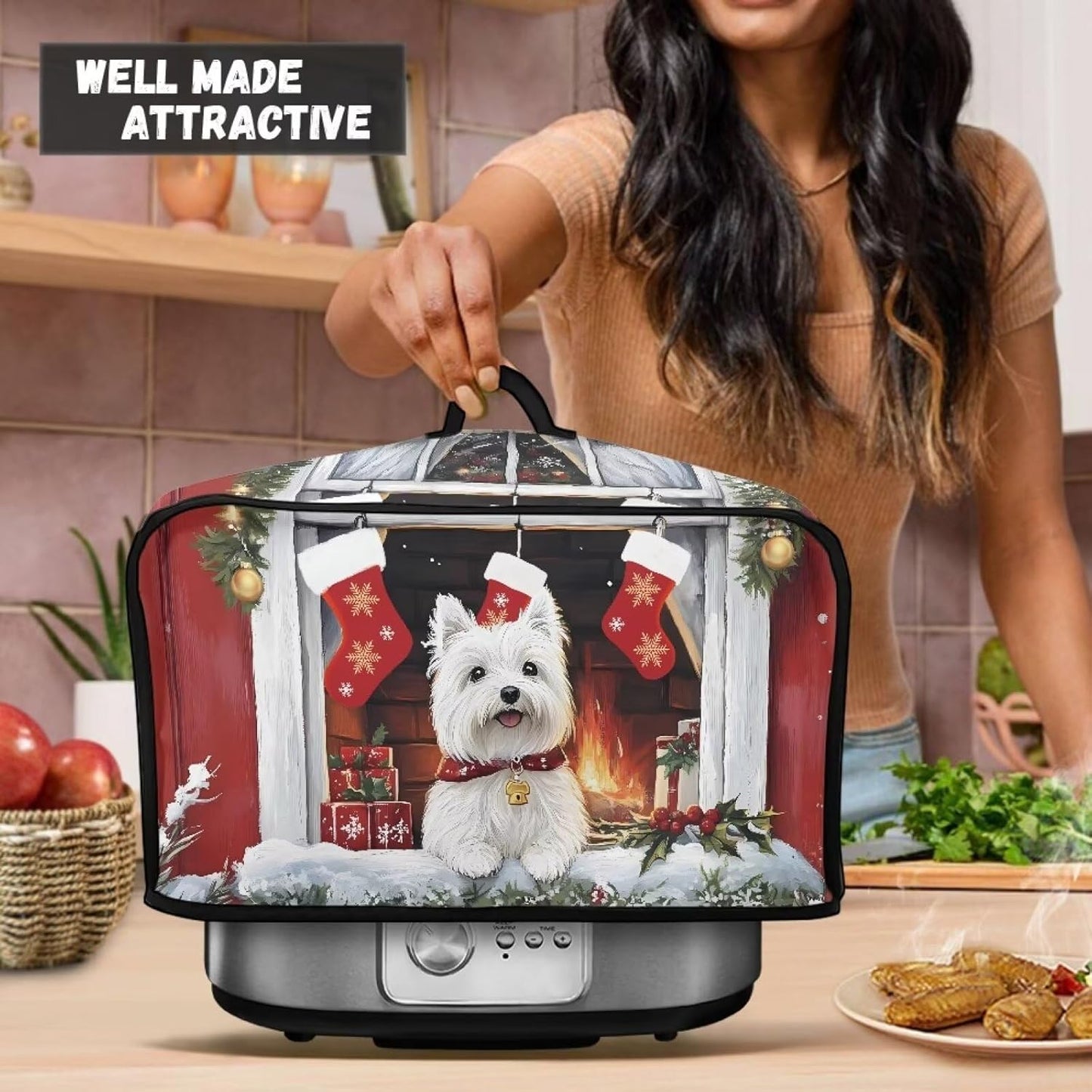 Christmas Decor Oval Slow Cooker Cover for 6-8 Quart Uorisanigo West Highland White Terrier Crock - Universal Kitchen Appliance Dust Cover