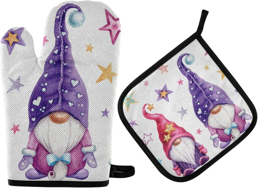 Christmas Gnomes Oven Mitts and Pot Holders Set - Heat Resistant Cooking Gloves for Kitchen, Bakeware, and BBQ