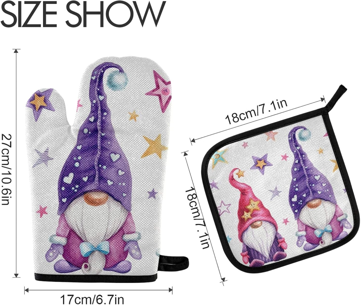 Christmas Gnomes Oven Mitts and Pot Holders Set - Heat Resistant Cooking Gloves for Kitchen, Bakeware, and BBQ