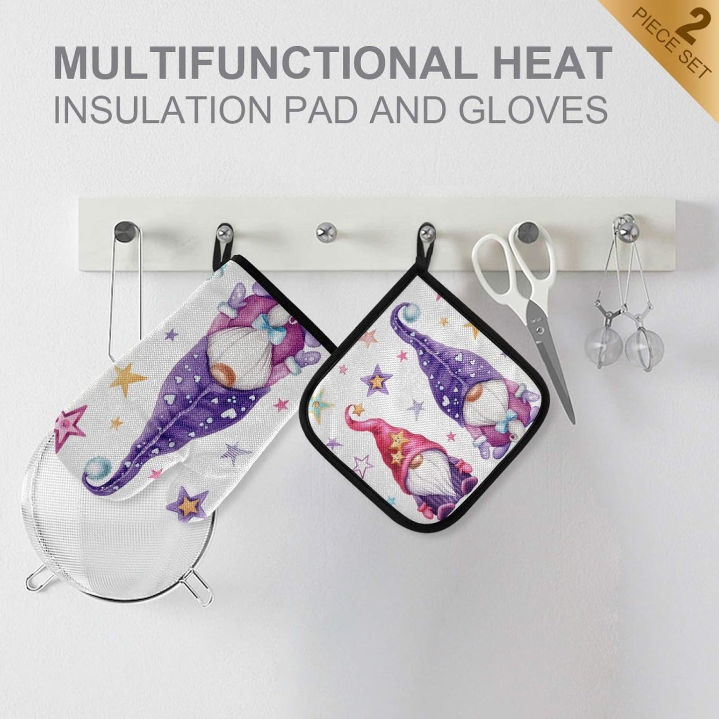 Christmas Gnomes Oven Mitts and Pot Holders Set - Heat Resistant Cooking Gloves for Kitchen, Bakeware, and BBQ