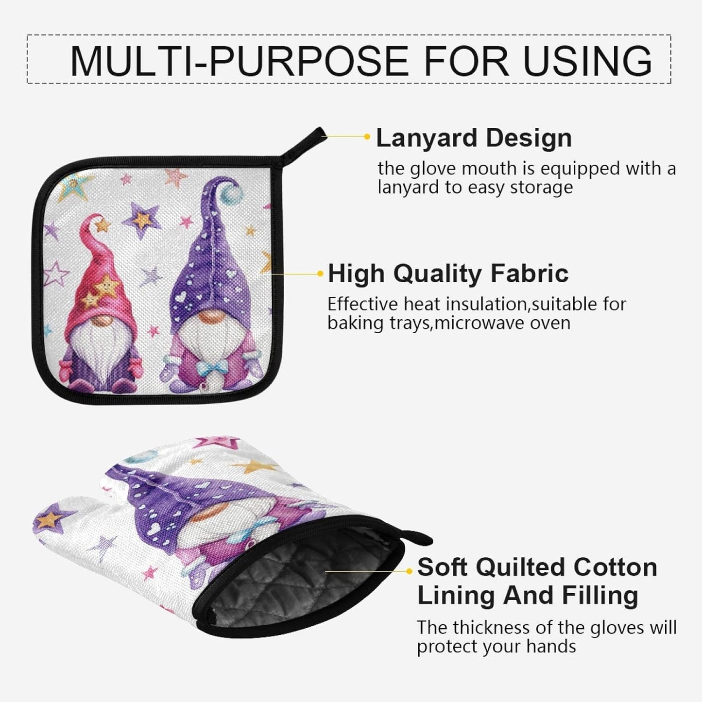 Christmas Gnomes Oven Mitts and Pot Holders Set - Heat Resistant Cooking Gloves for Kitchen, Bakeware, and BBQ