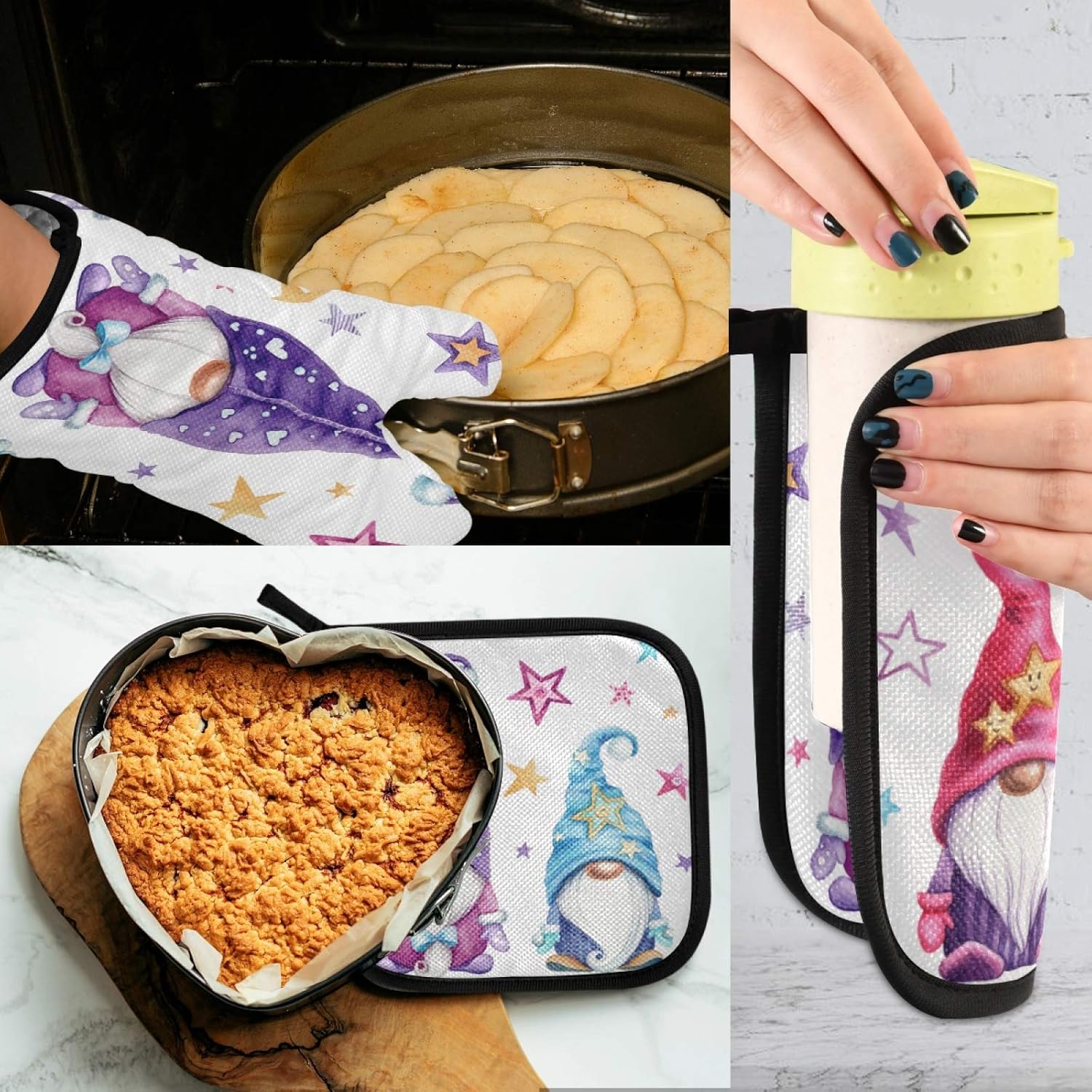 Christmas Gnomes Oven Mitts and Pot Holders Set - Heat Resistant Cooking Gloves for Kitchen, Bakeware, and BBQ