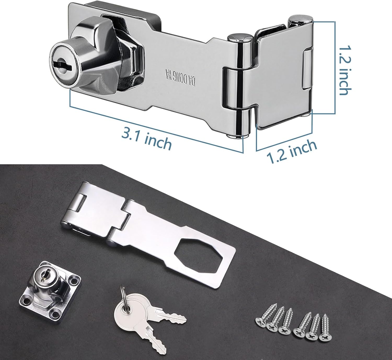 Chrome Finish 90/180 Degree Keyed Hasp Locks for Cabinets and Doors - Set of 2