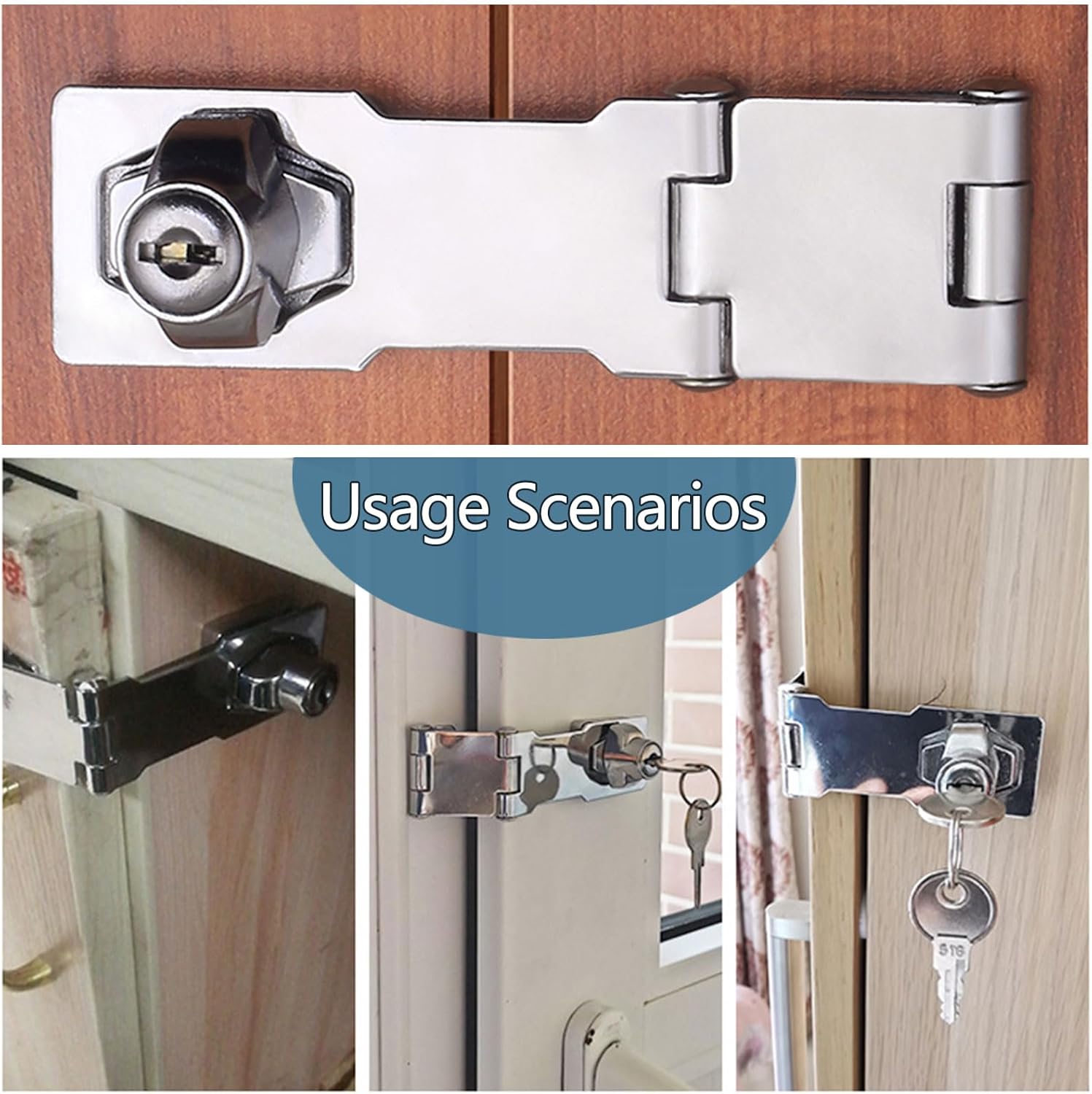 Chrome Finish 90/180 Degree Keyed Hasp Locks for Cabinets and Doors - Set of 2