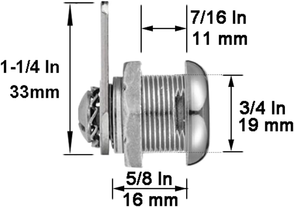 Chrome Finish Cabinet Cam Locks Keyed Alike for Tool Box RV Compartment Mailbox - 5/8" Cylinder, Fits 3/8" Max Panel Thickness, 3 Cams, 2 Keys