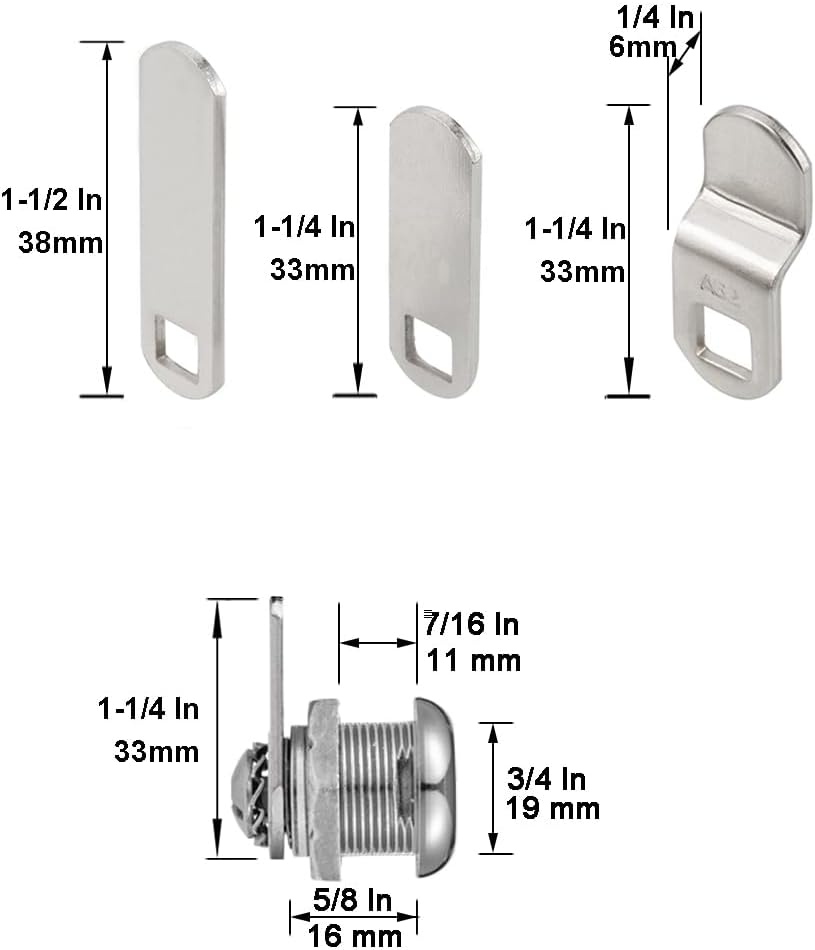 Chrome Finish Cabinet Cam Locks Keyed Alike for Tool Box RV Compartment Mailbox - 5/8" Cylinder, Fits 3/8" Max Panel Thickness, 3 Cams, 2 Keys
