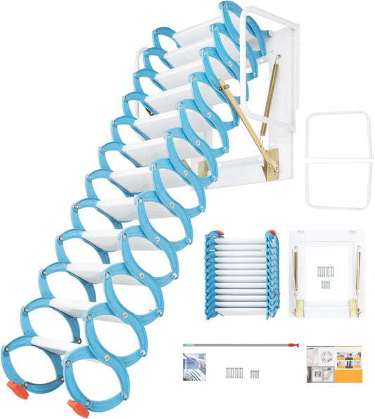 CILDON Heavy-Duty Pull Down Attic Stairs with Armrests, Wall-Mounted Folding Ladder for 1102.3 Lbs, Blue Pedals, Retractable Access Solution