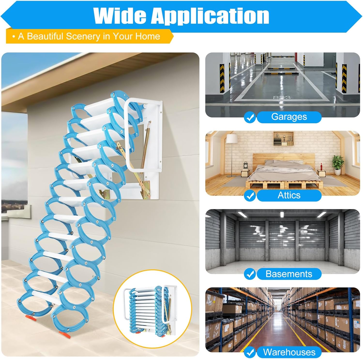 CILDON Heavy-Duty Pull Down Attic Stairs with Armrests, Wall-Mounted Folding Ladder for 1102.3 Lbs, Blue Pedals, Retractable Access Solution