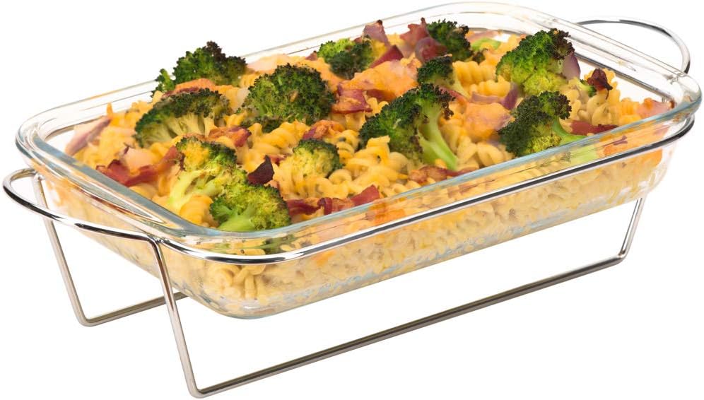 Clear Glass Casserole Dish Set - Durable Borosilicate Glass Bakeware, Oven & Microwave Safe, Rectangular Baking Pan with Stand (10 x 6.5 Inch)