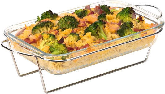 Clear Glass Casserole Dish Set - Durable Borosilicate Glass Bakeware, Oven & Microwave Safe, Rectangular Baking Pan with Stand (10 x 6.5 Inch)