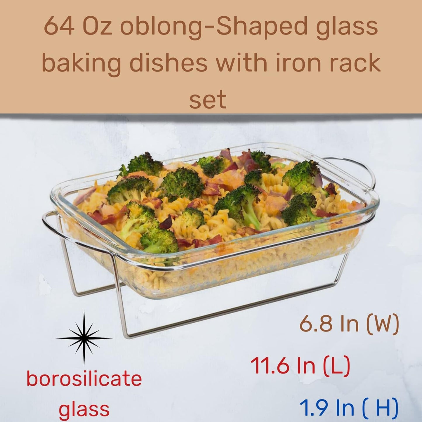 Clear Glass Casserole Dish Set - Durable Borosilicate Glass Bakeware, Oven & Microwave Safe, Rectangular Baking Pan with Stand (10 x 6.5 Inch)