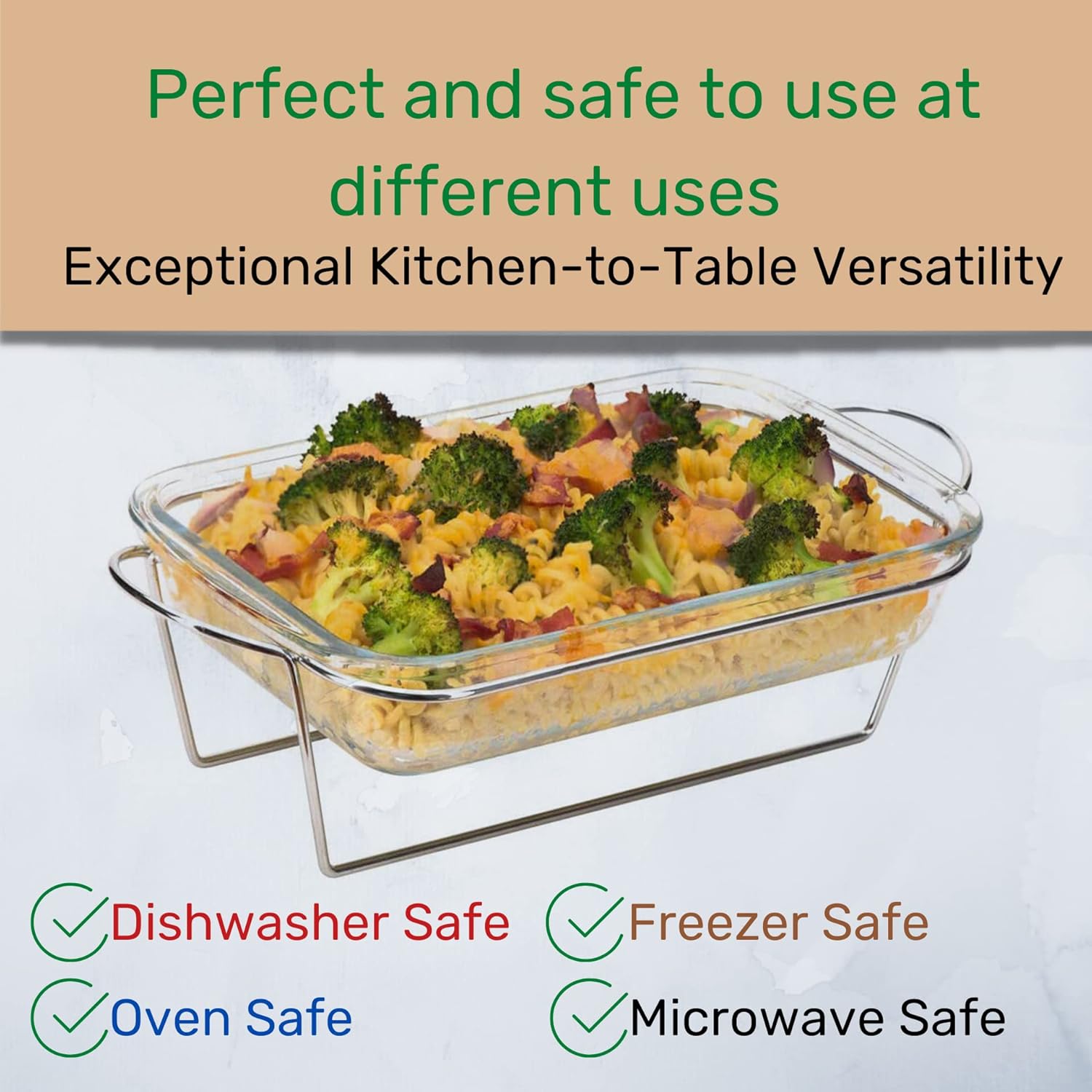 Clear Glass Casserole Dish Set - Durable Borosilicate Glass Bakeware, Oven & Microwave Safe, Rectangular Baking Pan with Stand (10 x 6.5 Inch)
