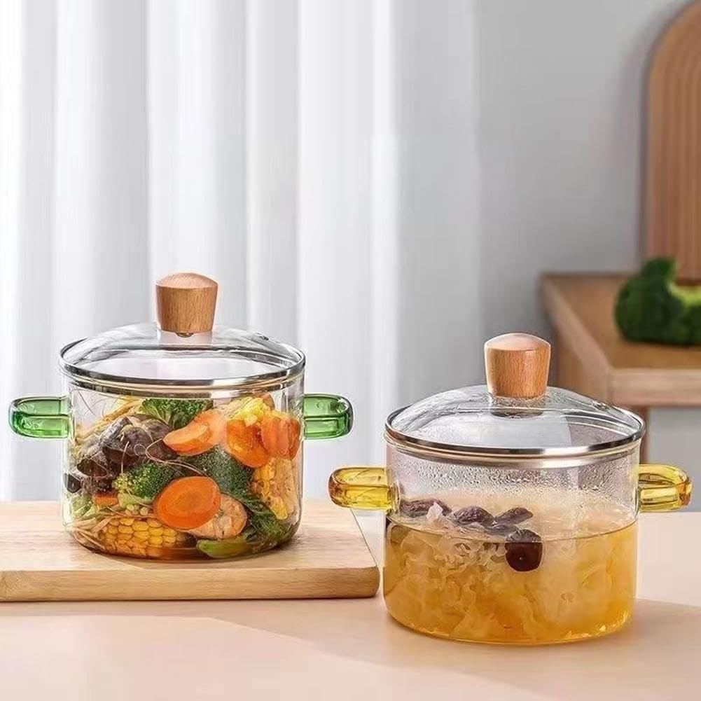 Clear Glass Cooking Pot Set with Lid, Microwavable & Heat Resistant - Borosilicate Glass Cookware for Stovetop & Soup Making