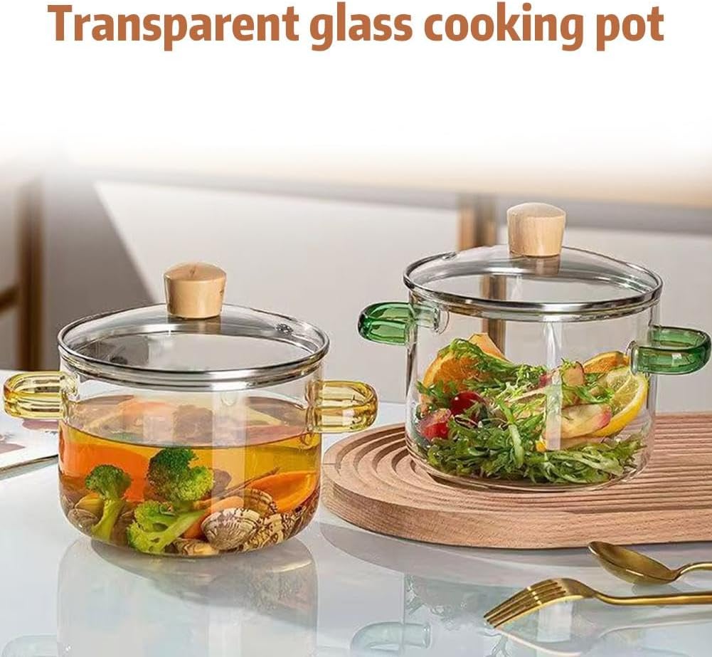 Clear Glass Cooking Pot Set with Lid, Microwavable & Heat Resistant - Borosilicate Glass Cookware for Stovetop & Soup Making