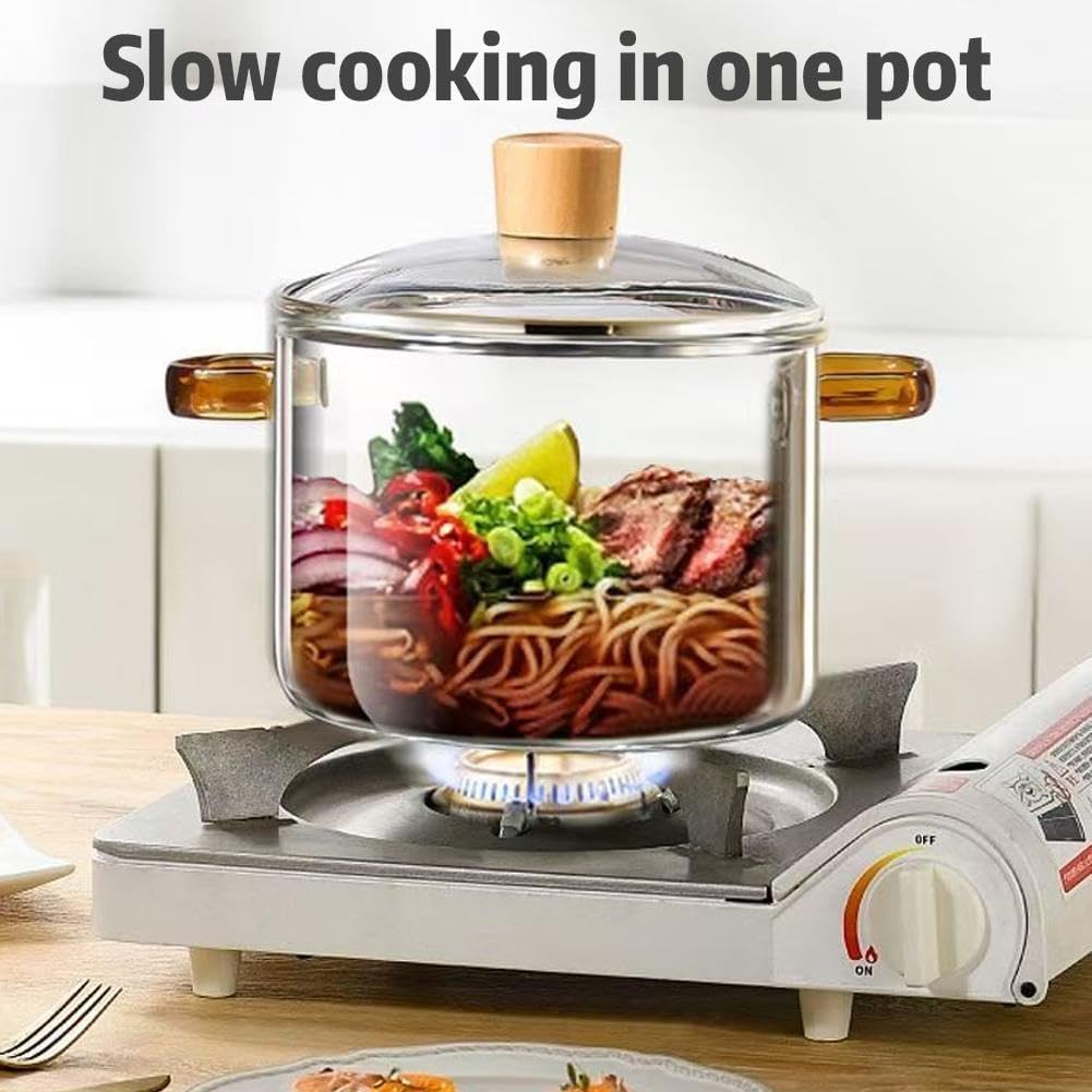 Clear Glass Cooking Pot Set with Lid, Microwavable & Heat Resistant - Borosilicate Glass Cookware for Stovetop & Soup Making