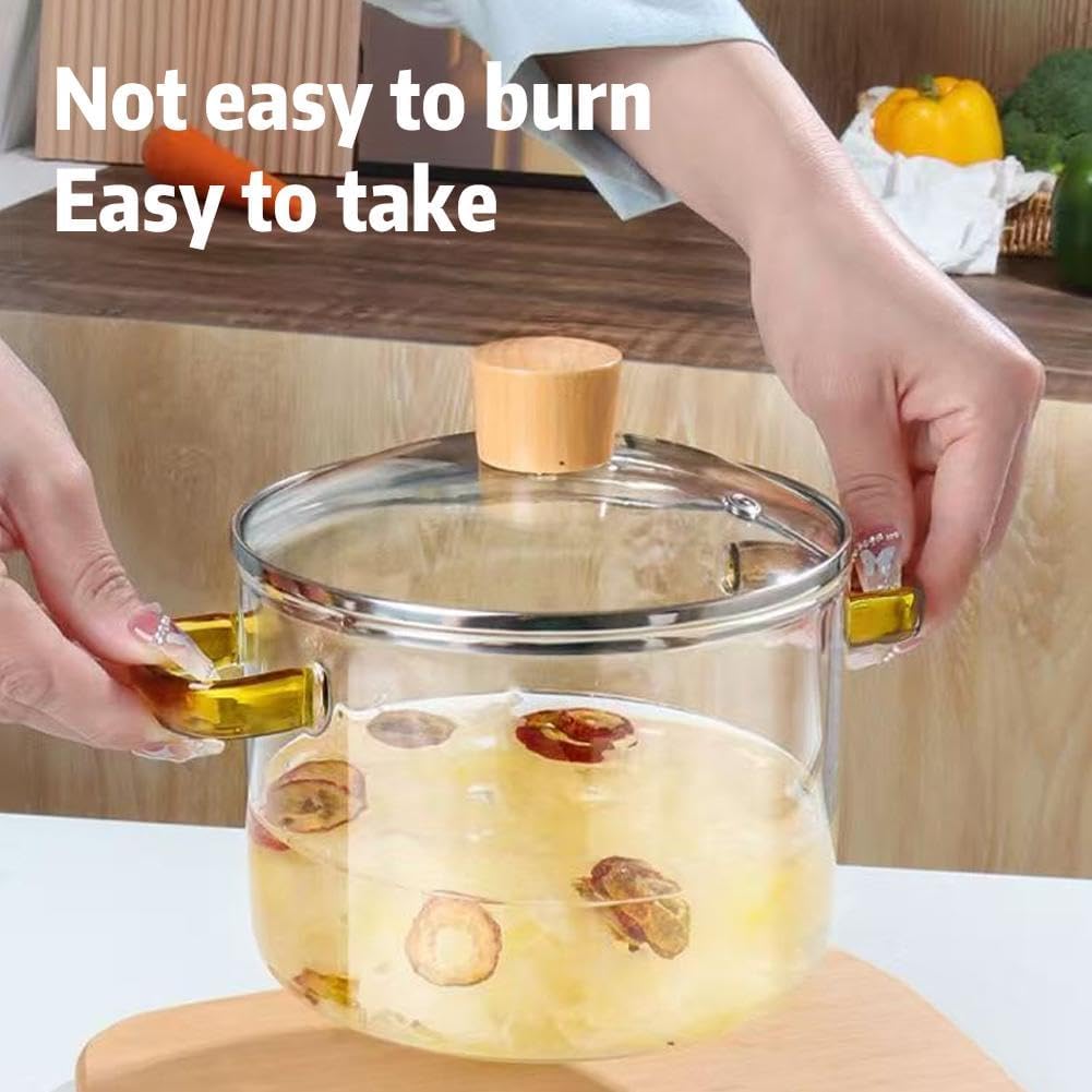 Clear Glass Cooking Pot Set with Lid, Microwavable & Heat Resistant - Borosilicate Glass Cookware for Stovetop & Soup Making