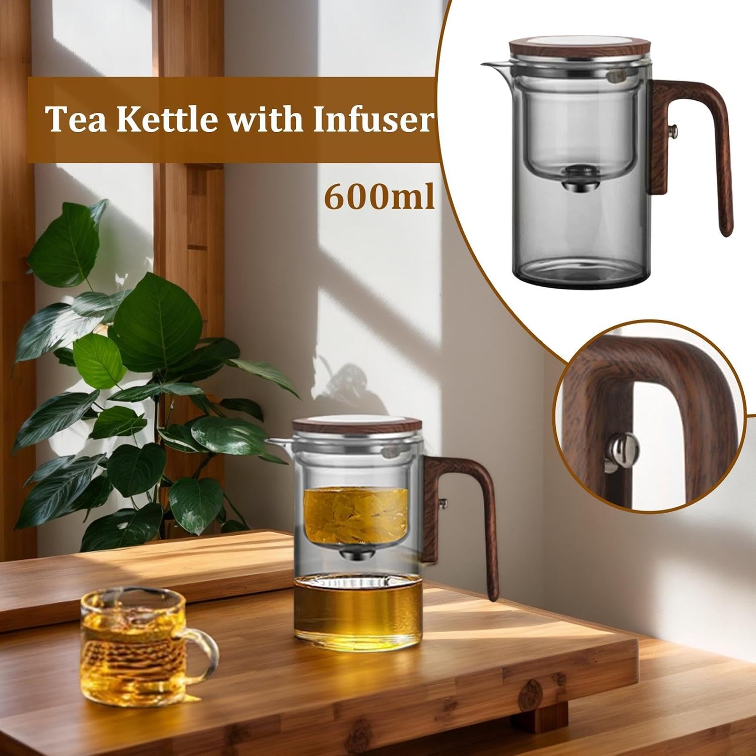 Clear Glass Teapot with Infuser - 600ml Tea Kettle for Loose Leaf Tea Brewing in Home, Restaurant, Tea Room