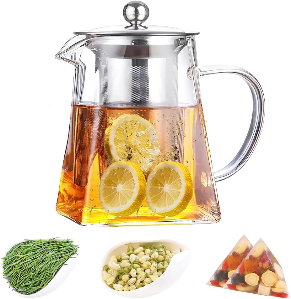 Clear Glass Teapot with Removable Stainless Steel Infuser for Loose Tea - 750ml/25.4oz - Ideal for Home or Office