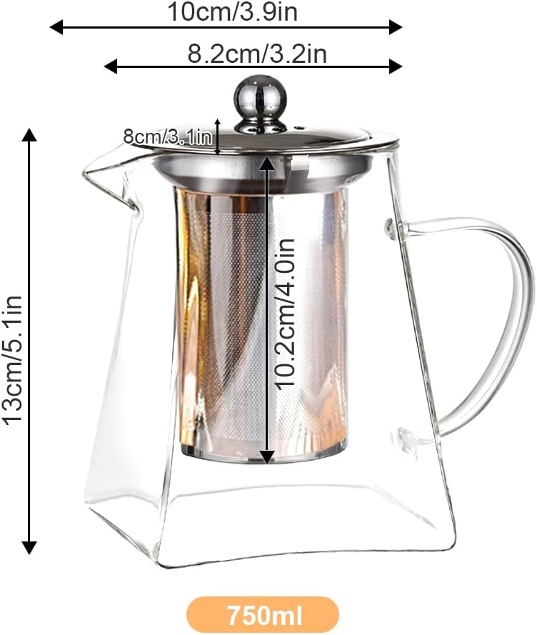 Clear Glass Teapot with Removable Stainless Steel Infuser for Loose Tea - 750ml/25.4oz - Ideal for Home or Office