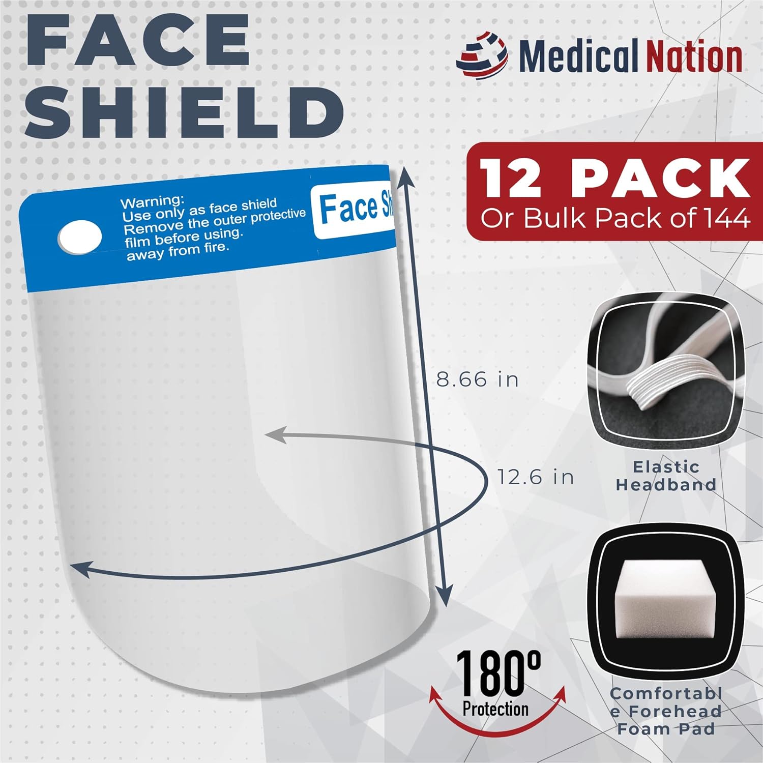 Clear Plastic Face Shields for Women, Men & Kids - Case of 48 | Anti-Fog, Lightweight, Reusable Safety Visor Cover with Comfortable Sponge & Elastic Band by Medical Nation