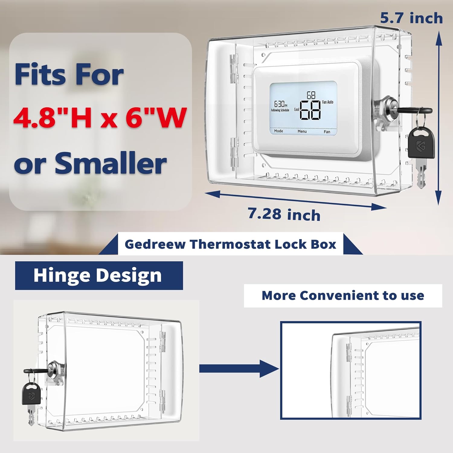 Clear Thermostat Lock Box Cover with Key for Honeywell Thermostat, Wall-Mounted AC Lock Box - Fits Thermostats 5"H x 6" W or Smaller