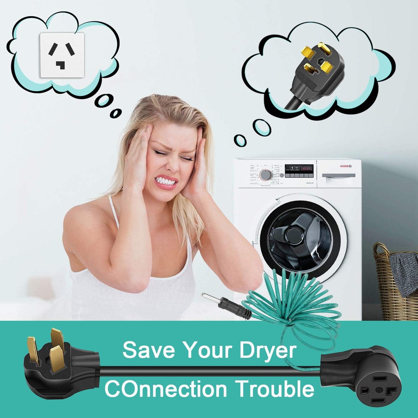 Cleyean Dryer Adapter Cord 3 Prong to 4 Prong 30Amp with External Green Ground Wire