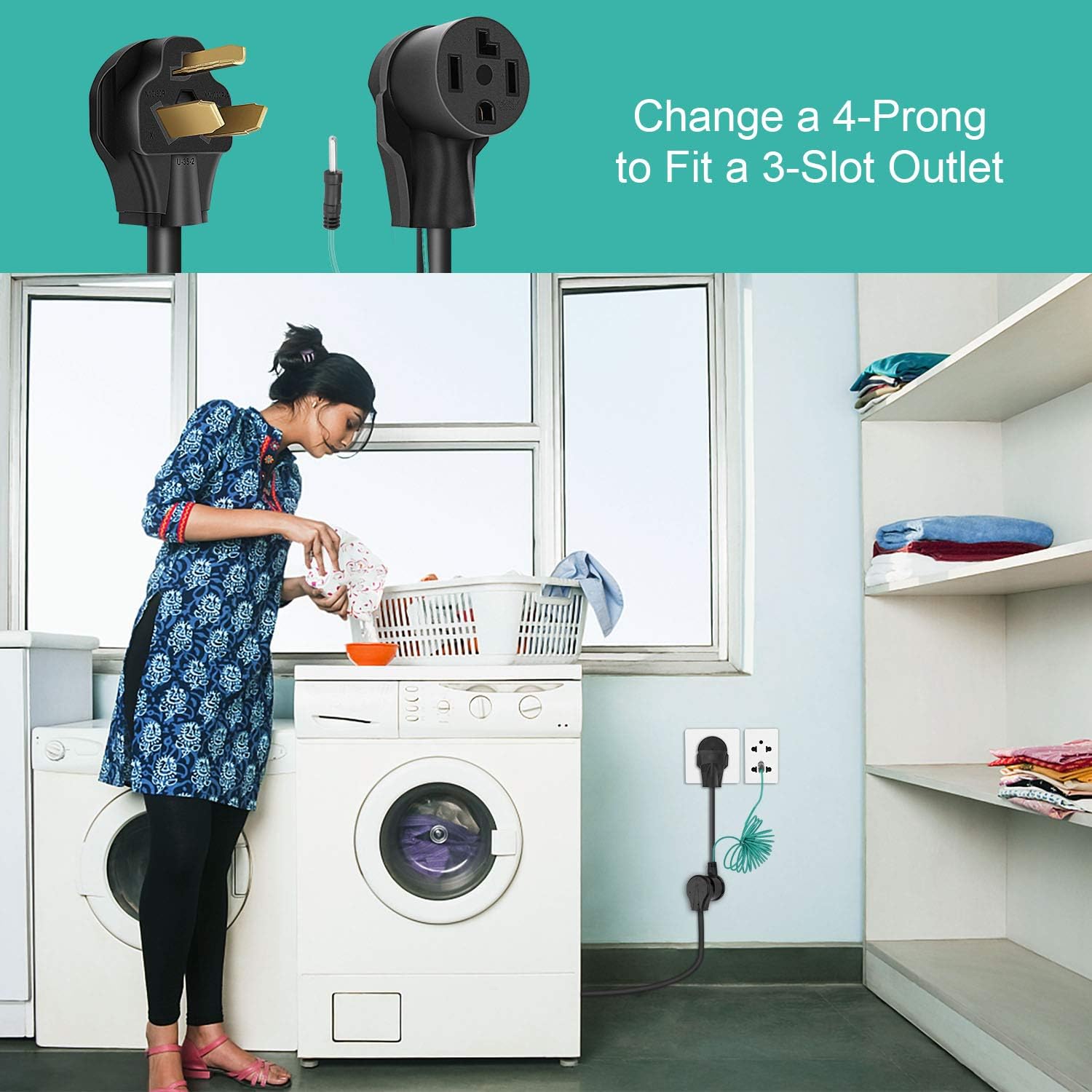 Cleyean Dryer Adapter Cord 3 Prong to 4 Prong 30Amp with External Green Ground Wire