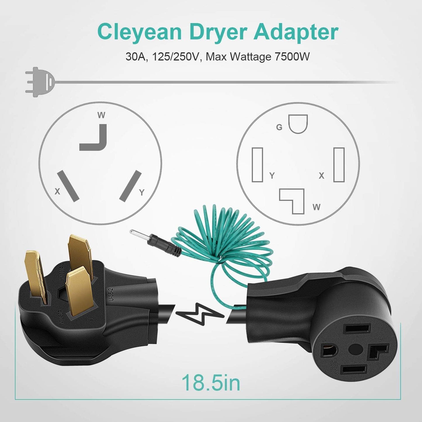 Cleyean Dryer Adapter Cord 3 Prong to 4 Prong 30Amp with External Green Ground Wire