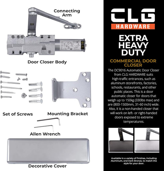 CLG HARDWARE DC9016 Extra Heavy Duty Commercial Door Closer - Size 1-6, Aluminum Surface-Mounted Auto Closer for Heavy Traffic Areas - WildKart