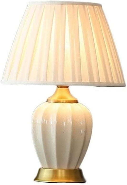 Coastal Copper Ceramic Bedside Lamp with Pleated Linen Lampshade - Simple and Decorative Nightstand Lamp for Bedroom - Desk Lamp with Push Button Switch