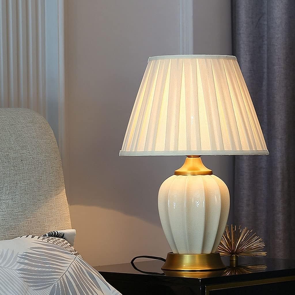 Coastal Copper Ceramic Bedside Lamp with Pleated Linen Lampshade - Simple and Decorative Nightstand Lamp for Bedroom - Desk Lamp with Push Button Switch