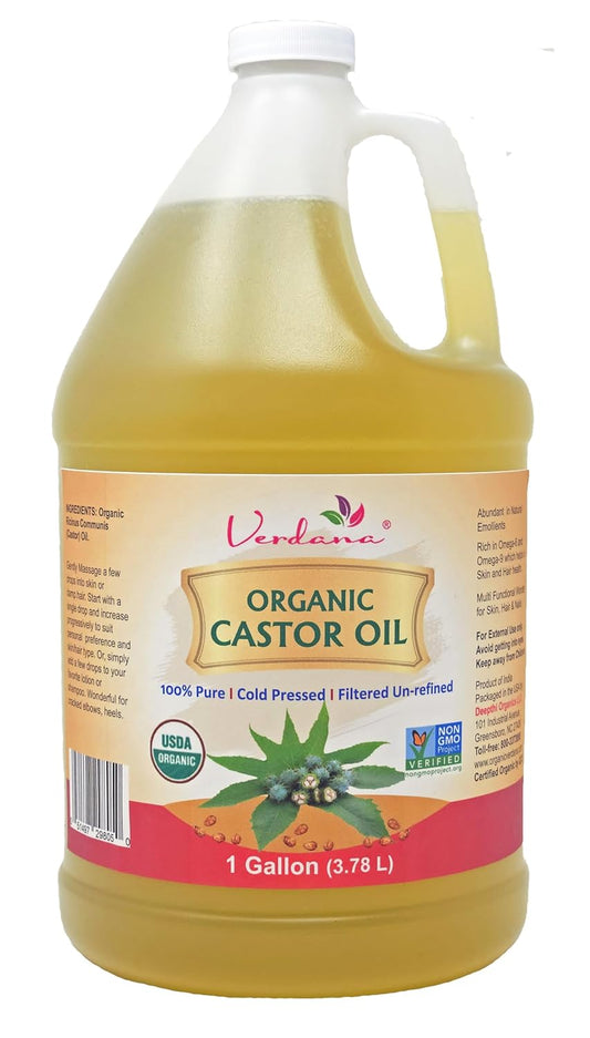 Cold Pressed Verdana Organic Castor Oil - 1 Gallon Bulk Size, Hexane Free - Ideal for Face, Hair, and Pack Wraps