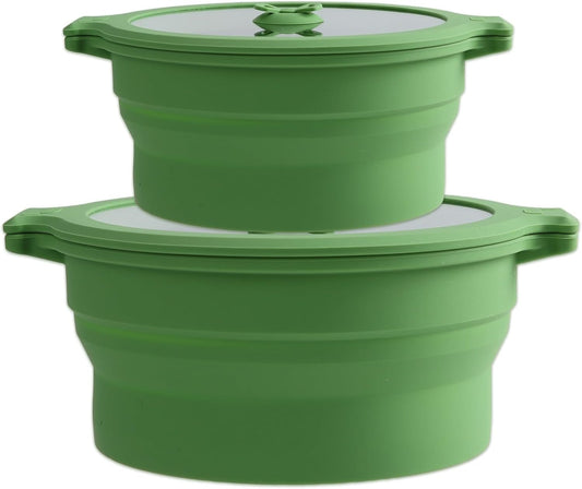Collapsible Silicone Cooker Steamer Set with Lids - 0.8L and 1.4L Glass Food Storage Container Bowls - BPA Free