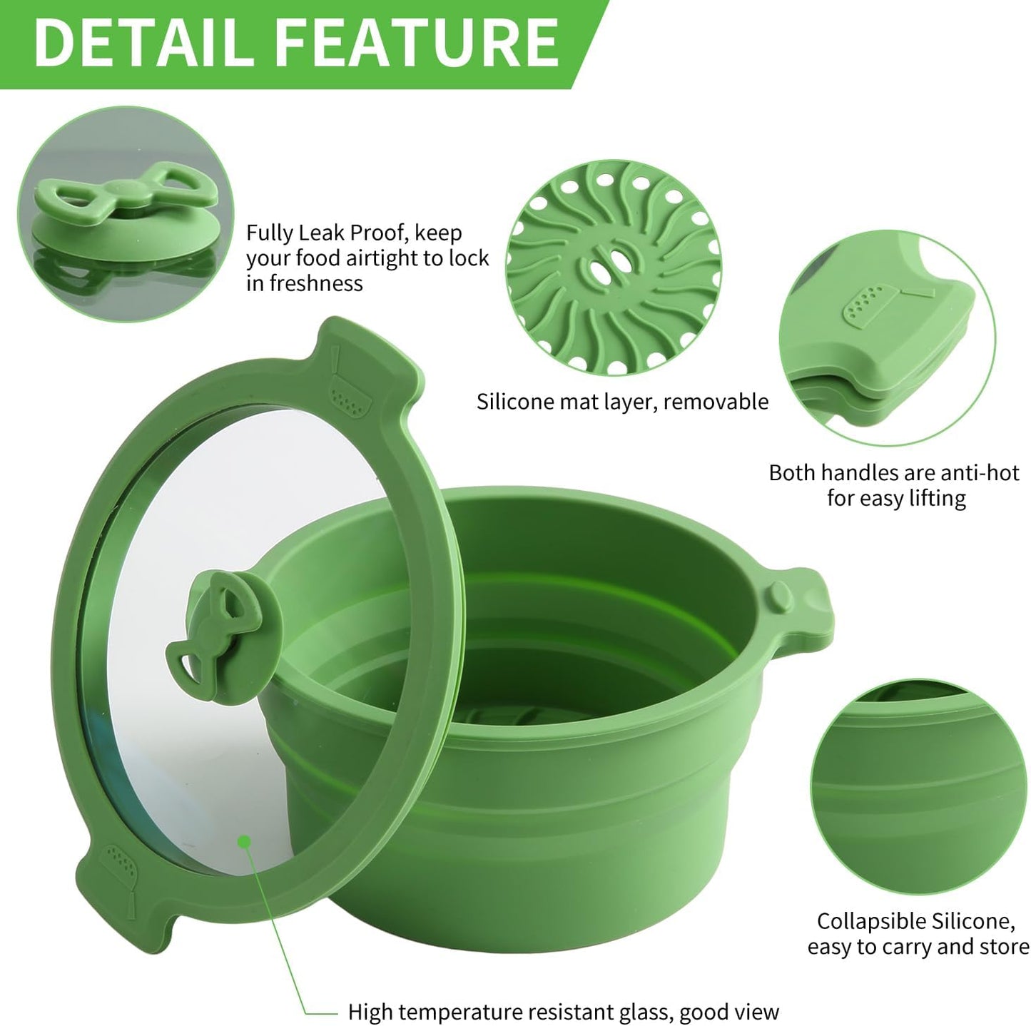 Collapsible Silicone Cooker Steamer Set with Lids - 0.8L and 1.4L Glass Food Storage Container Bowls - BPA Free