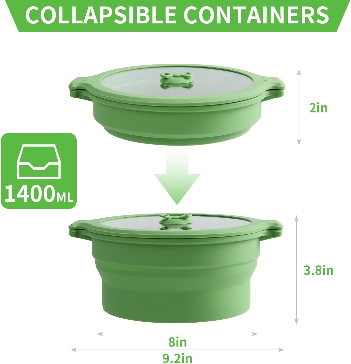 Collapsible Silicone Cooker Steamer Set with Lids - 0.8L and 1.4L Glass Food Storage Container Bowls - BPA Free