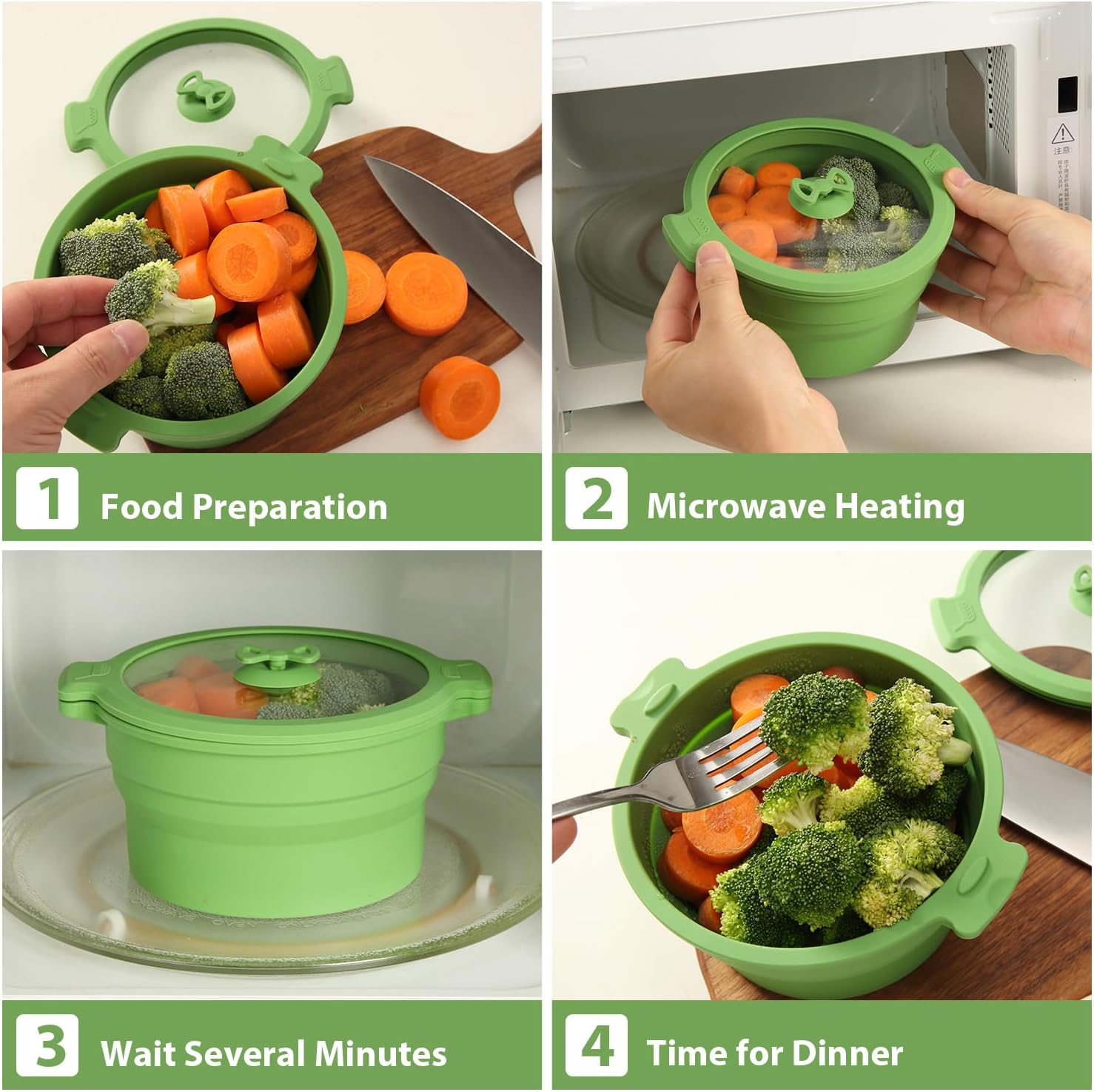 Collapsible Silicone Cooker Steamer Set with Lids - 0.8L and 1.4L Glass Food Storage Container Bowls - BPA Free