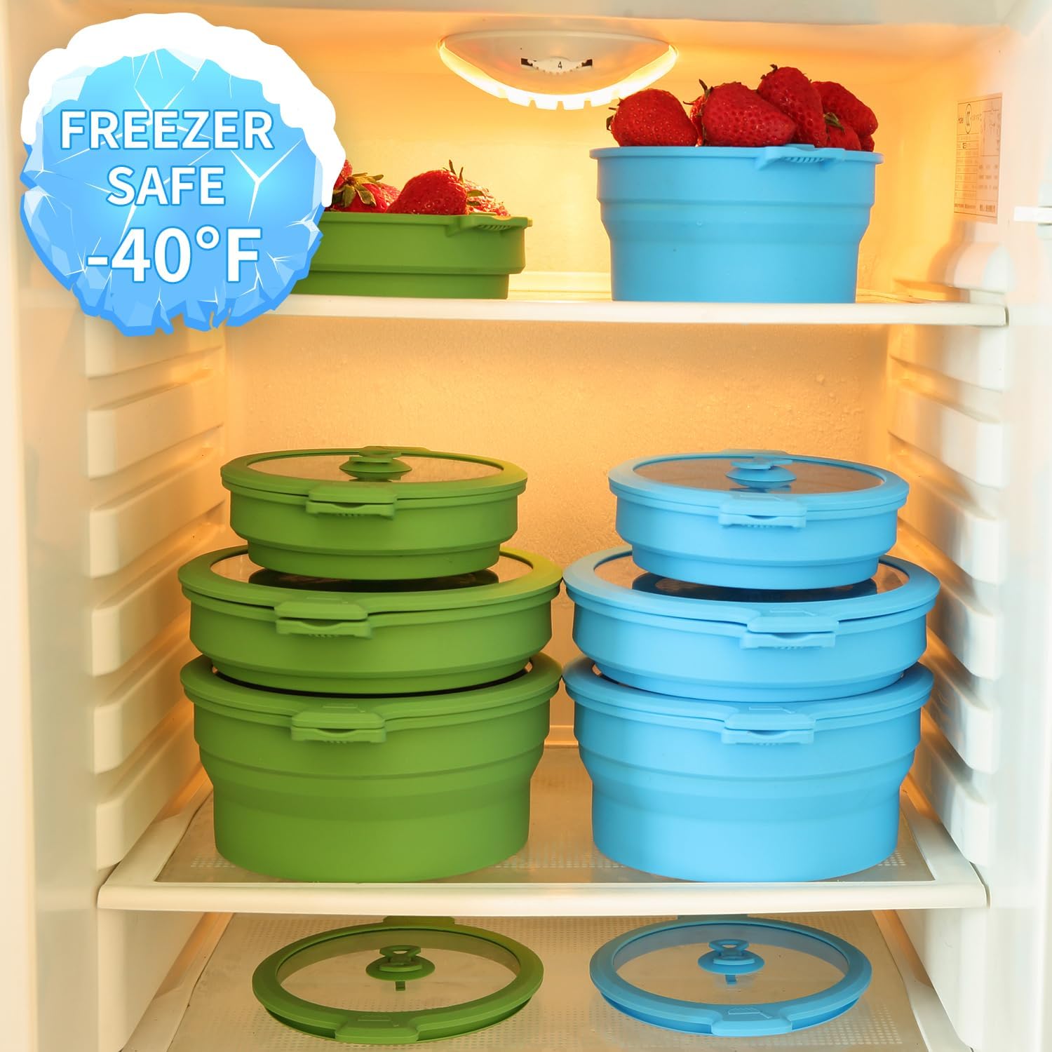 Collapsible Silicone Cooker Steamer Set with Lids - 0.8L and 1.4L Glass Food Storage Container Bowls - BPA Free