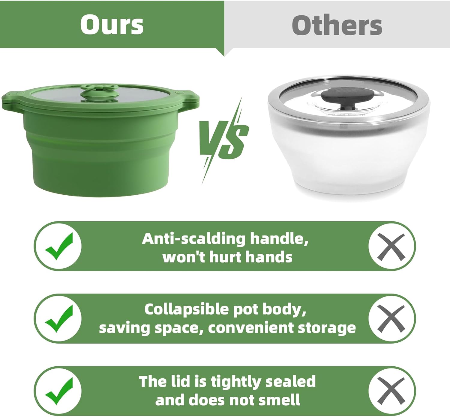 Collapsible Silicone Cooker Steamer Set with Lids - 0.8L and 1.4L Glass Food Storage Container Bowls - BPA Free