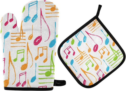 Colorful Music Score Oven Mitts and Pot Holders Set - Heat Resistant Kitchen Gloves for Cooking, Bakeware, BBQ