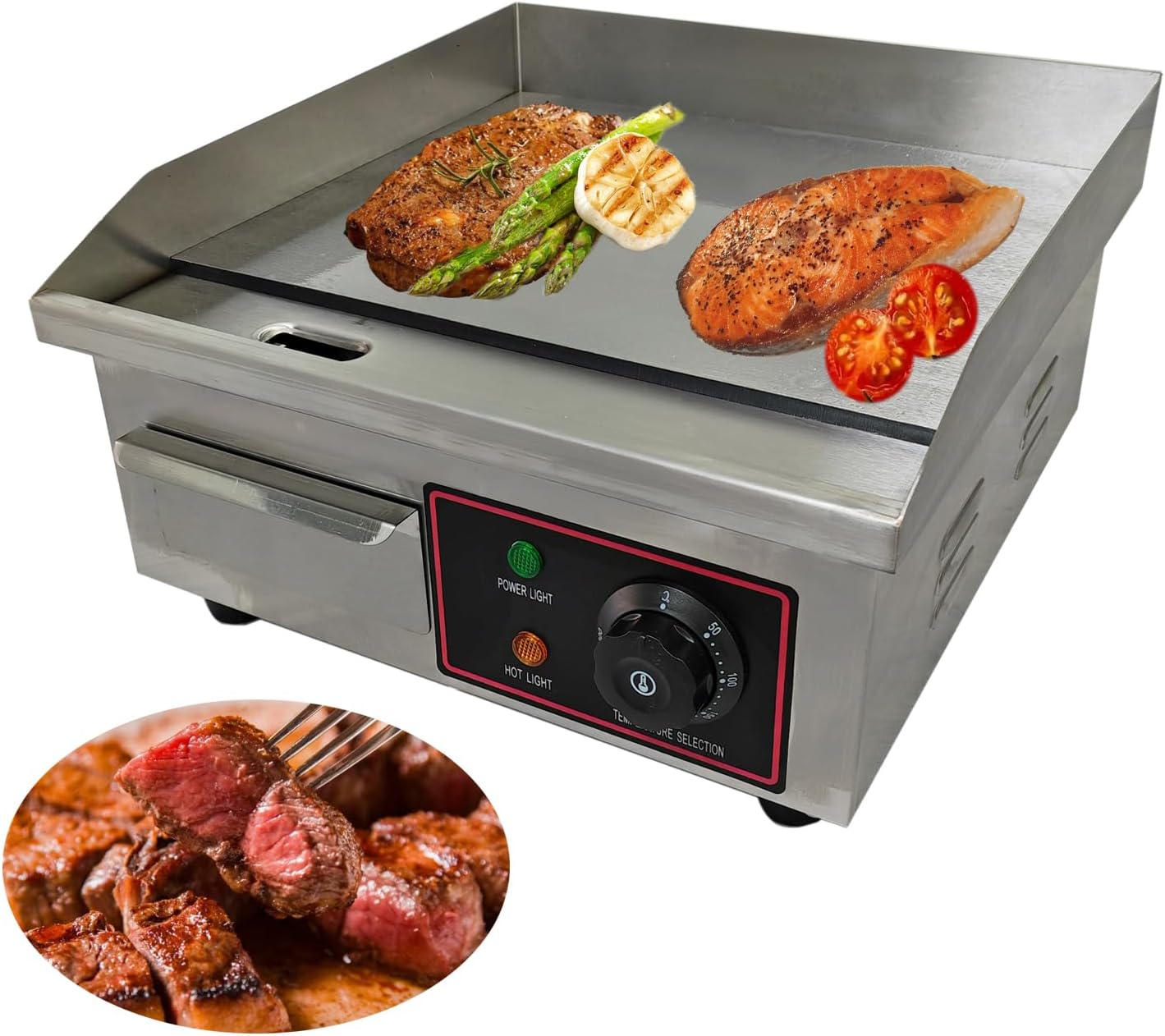 Commercial 14 Inch Small Electric Griddle Grill with Adjustable Temperature Control - Stainless Steel Flat Top for Kitchen Restaurant - 1500W, 110V