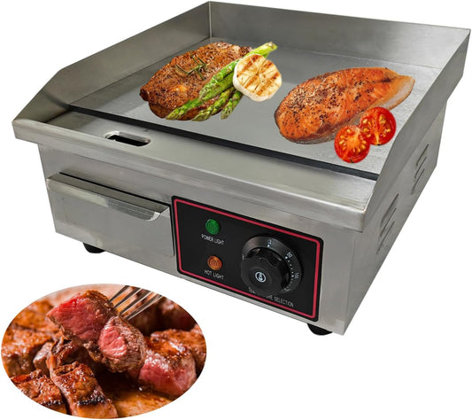 Commercial 14 Inch Small Electric Griddle Grill with Adjustable Temperature Control - Stainless Steel Flat Top for Kitchen Restaurant - 1500W, 110V