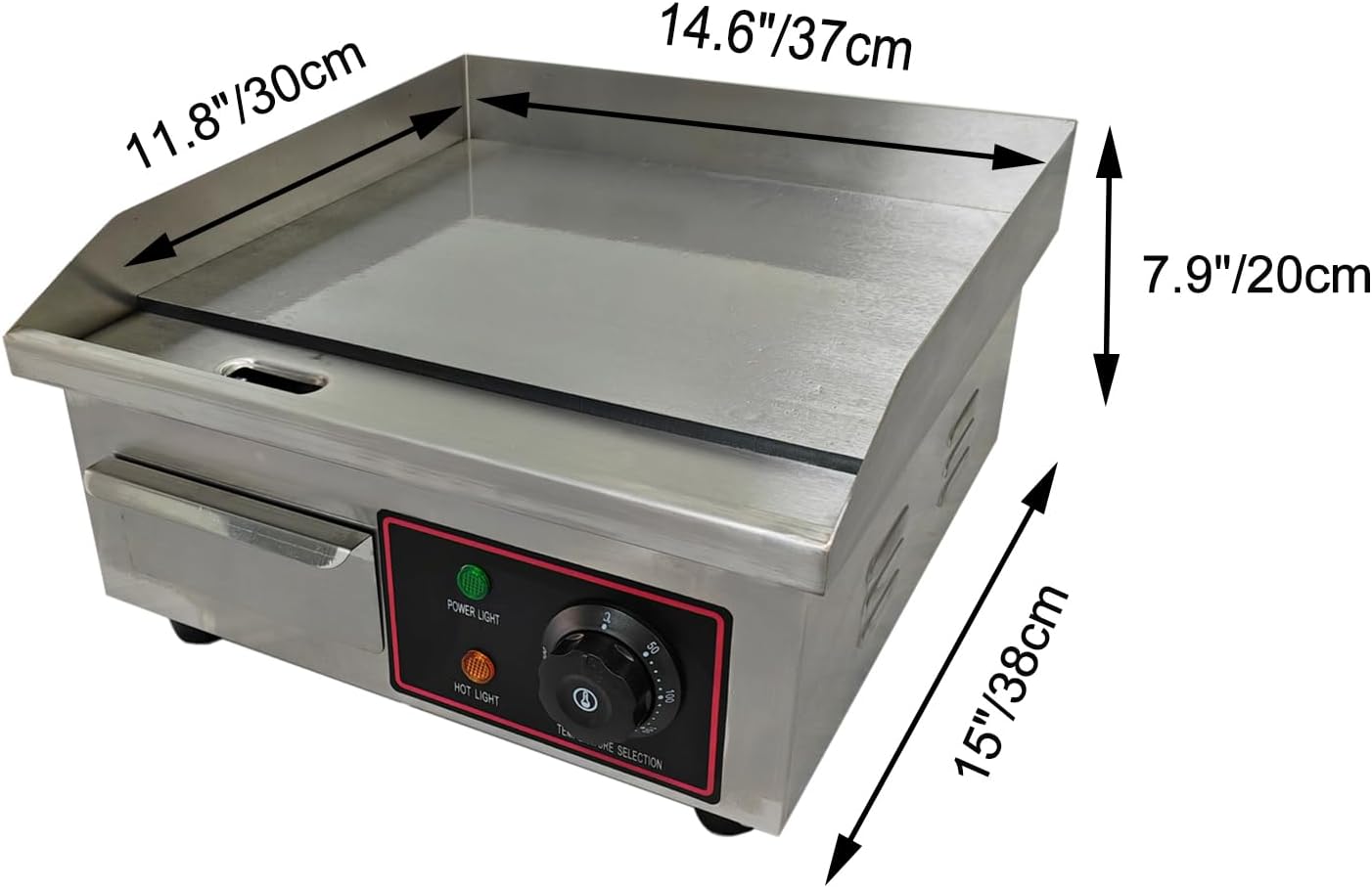 Commercial 14 Inch Small Electric Griddle Grill with Adjustable Temperature Control - Stainless Steel Flat Top for Kitchen Restaurant - 1500W, 110V