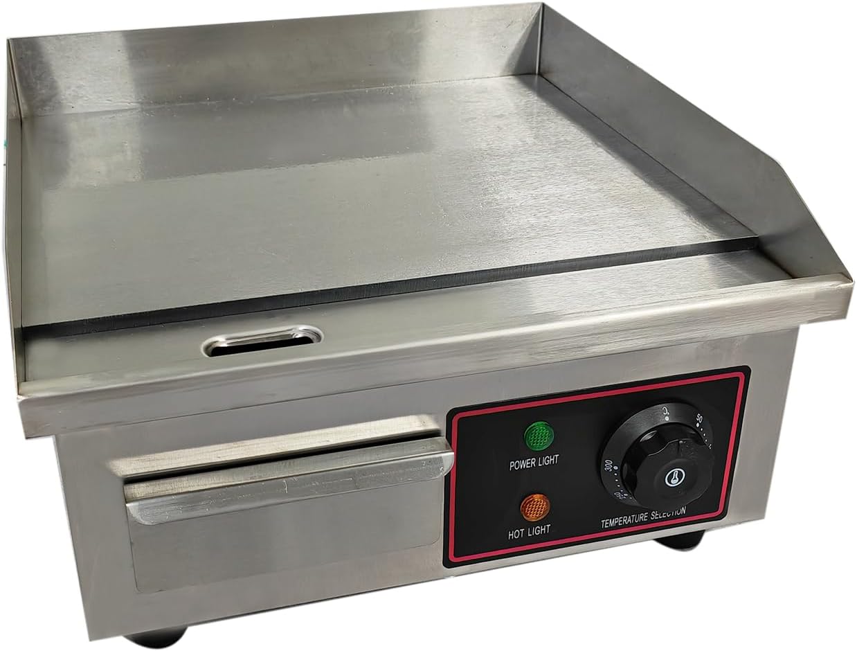 Commercial 14 Inch Small Electric Griddle Grill with Adjustable Temperature Control - Stainless Steel Flat Top for Kitchen Restaurant - 1500W, 110V