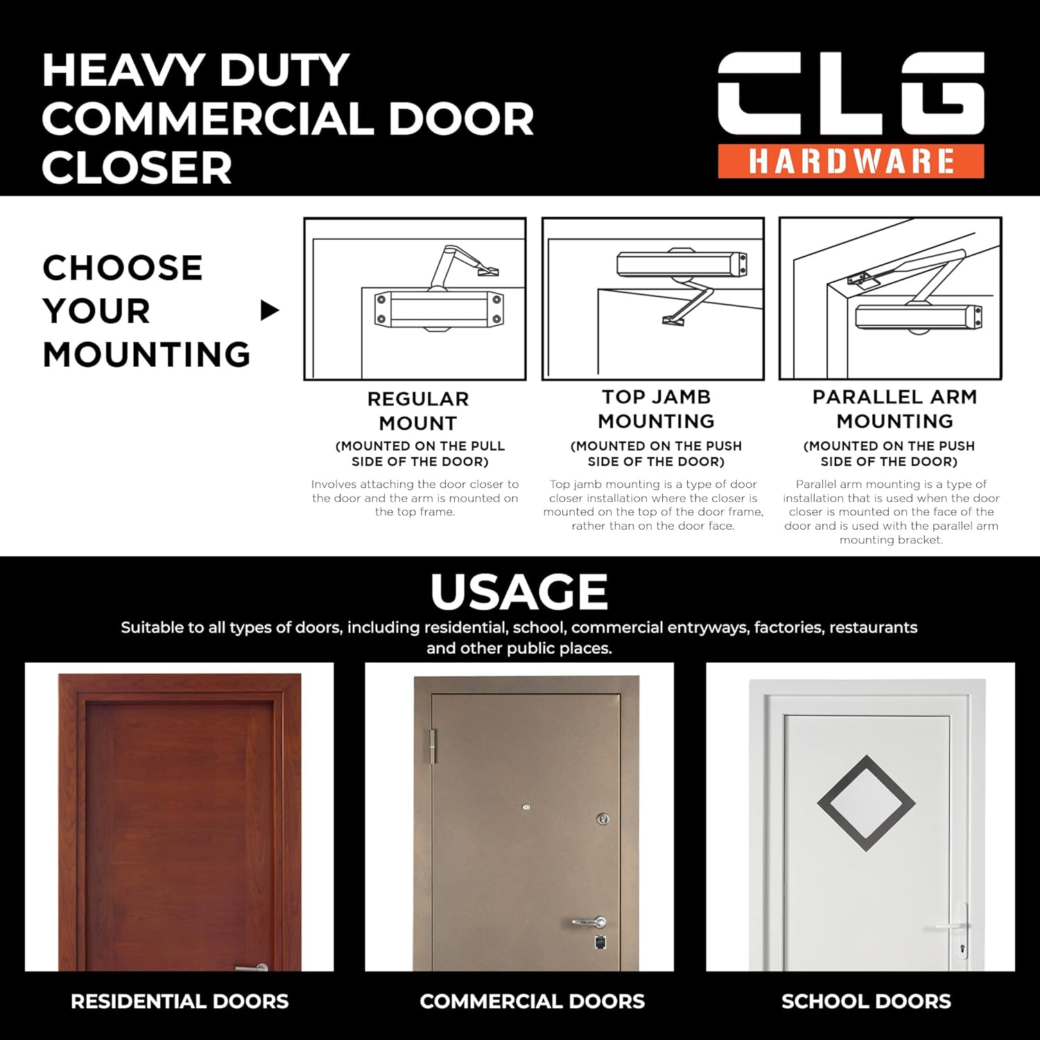 Commercial Door Closer DC8016 - Heavy Duty Grade 1 Slim Line Surface Mount - Adjustable Size 1-6 - ADA & UL 3 Hour Fire Rated - For Entrances & Aluminum Storefronts