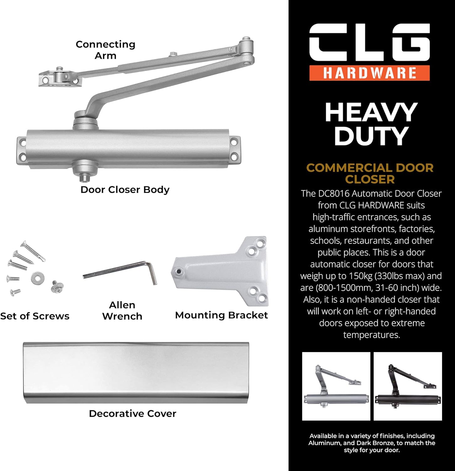 Commercial Door Closer DC8016 - Heavy Duty Grade 1 Slim Line Surface Mount - Adjustable Size 1-6 - ADA & UL 3 Hour Fire Rated - For Entrances & Aluminum Storefronts