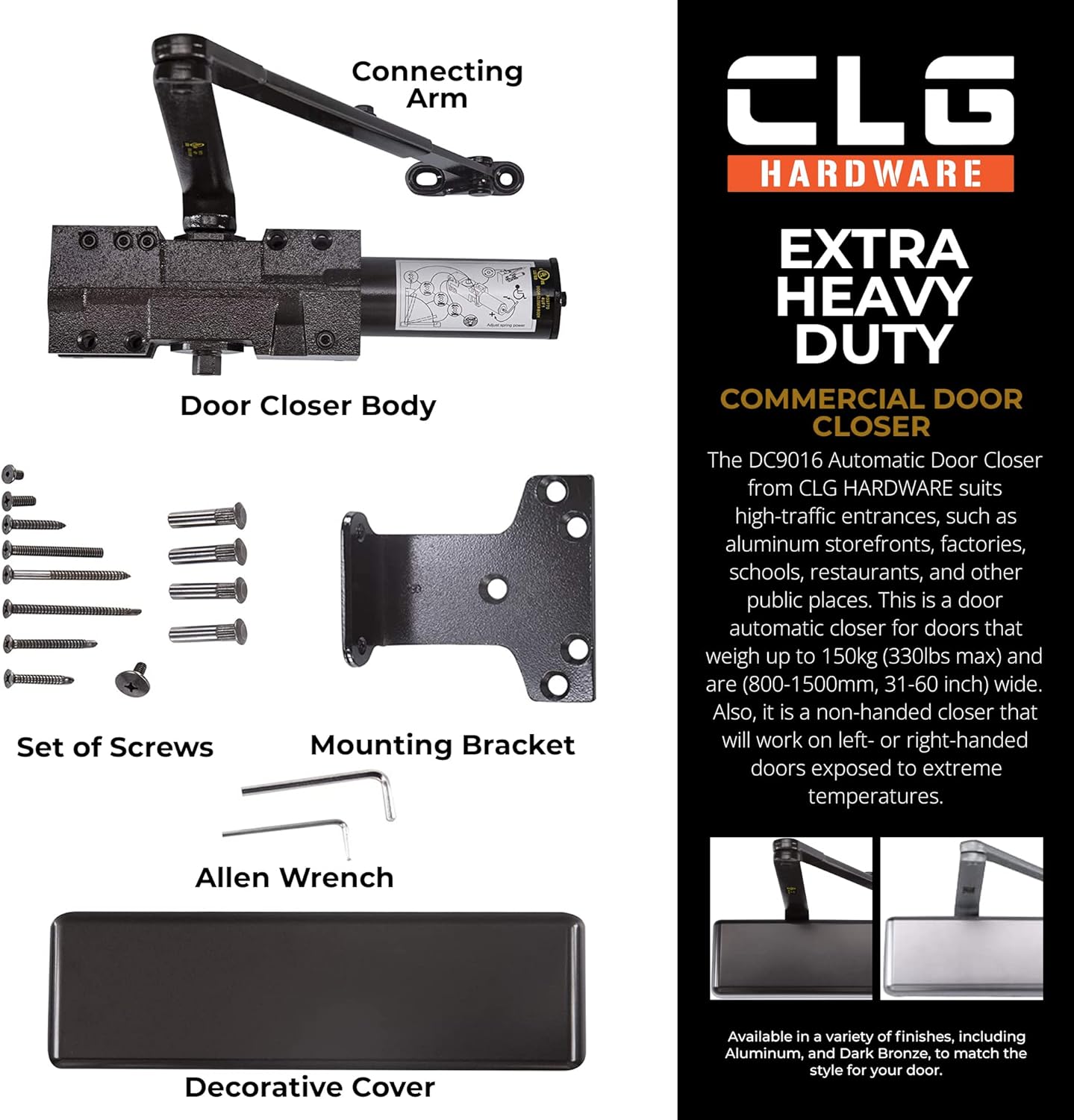 Commercial Door Closer DC9016 Heavy Duty Auto Closer for High Traffic Areas, Size 1-6, Dark Bronze